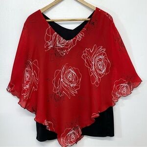Vintage 90s Floral Top Woman 2X  Red Overlay Black Tank Flowy Boho Festival Y2K